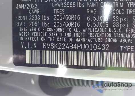 2023 Hyundai Kona Se from USA, damaged, VIN KM8K22AB4PU010432